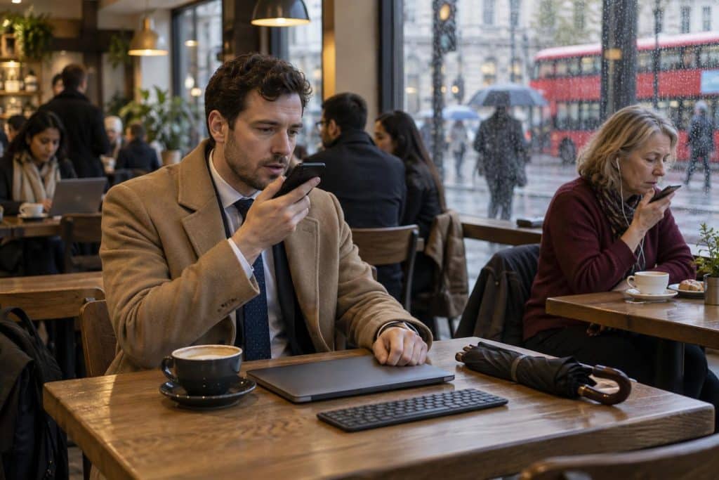 britannique parlant avec la technologie