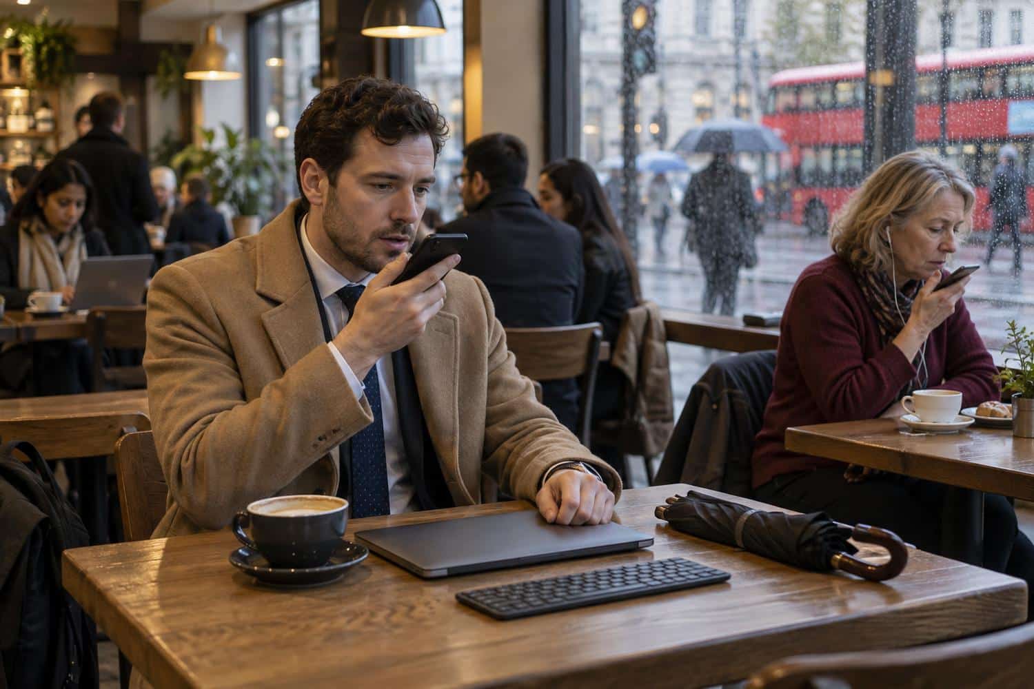 britannique parlant avec la technologie
