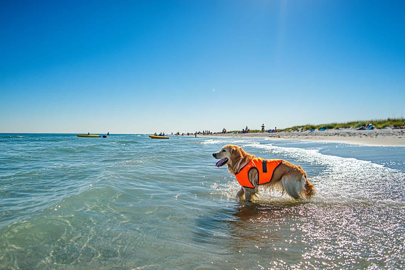 chien portant gilet de sauvetage sur bateau
