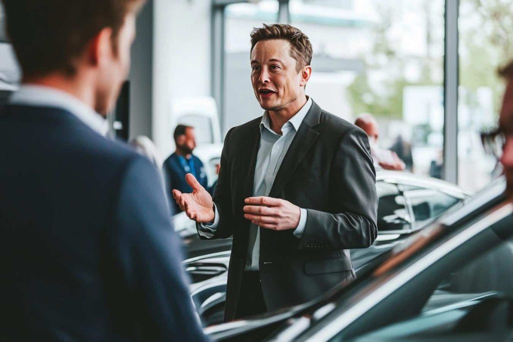 elon musk souriant devant voiture tesla