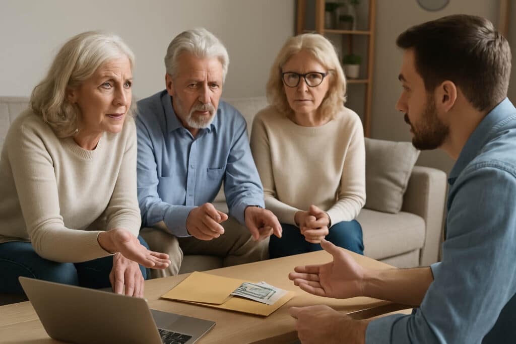 famille discutant succession et dons argent