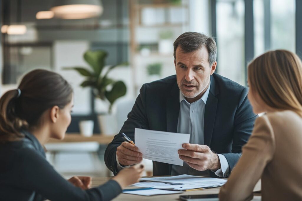 fraudeurs discutant autour de plans immobiliers