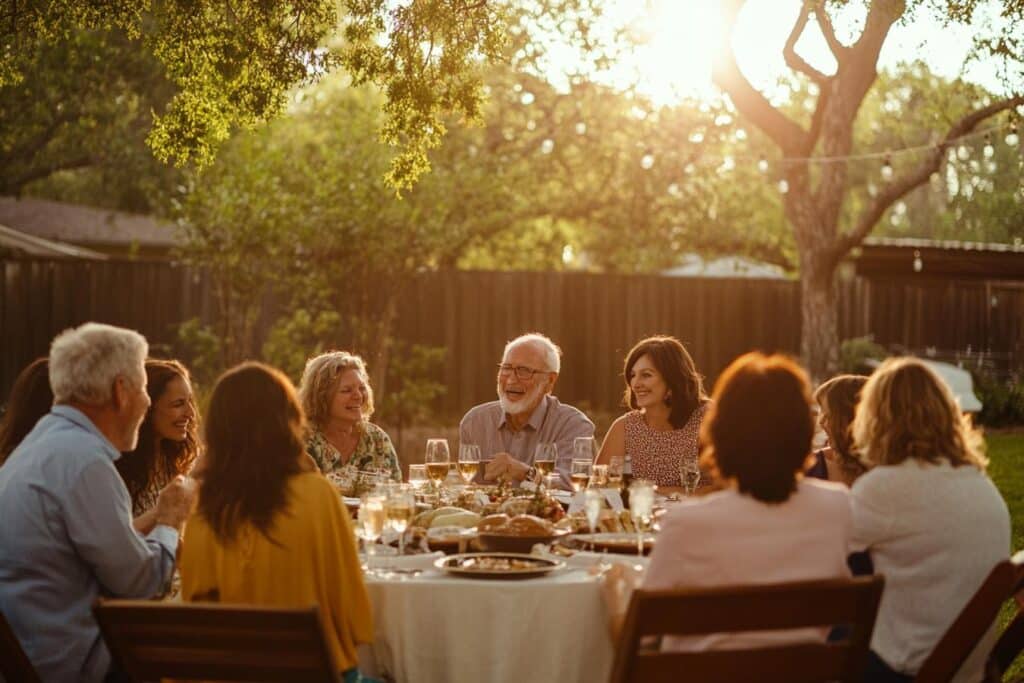 groupe amis riant fete anniversaire 70 ans