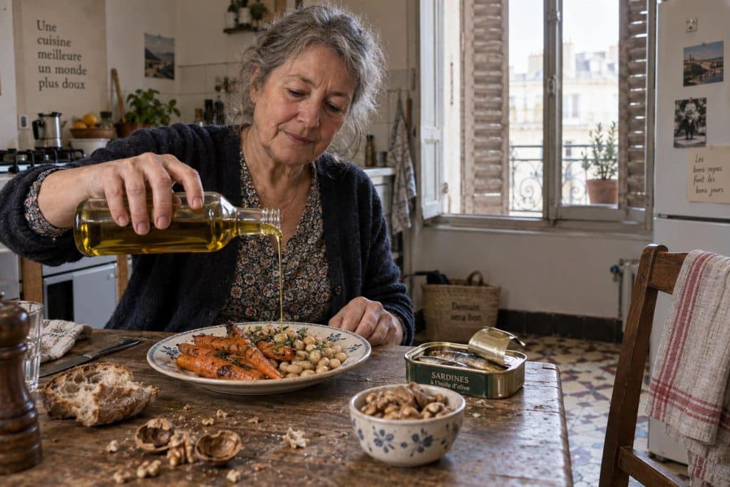 Assiette de légumes, noix et poisson avec huile d’olive après 50 ans