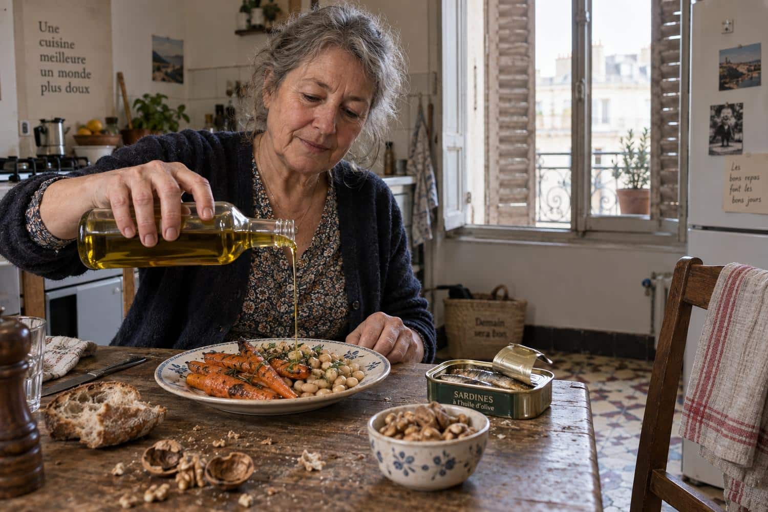 Assiette de légumes, noix et poisson avec huile d’olive après 50 ans