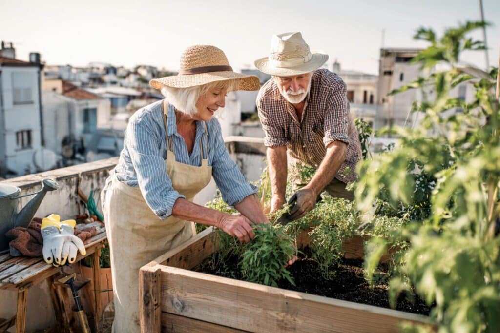 jardiniere bois sur pied dans jardin verdoyant