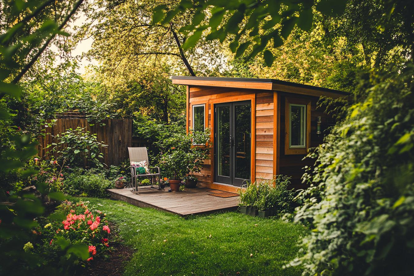 studio en bois dans jardin verdoyant
