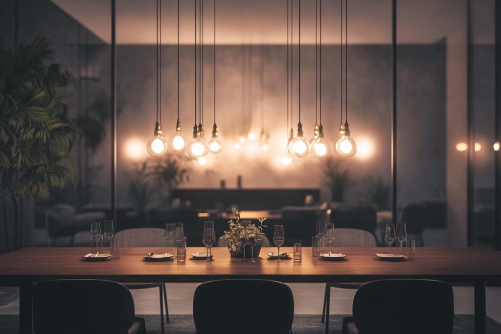 suspension elegante au dessus table rectangulaire