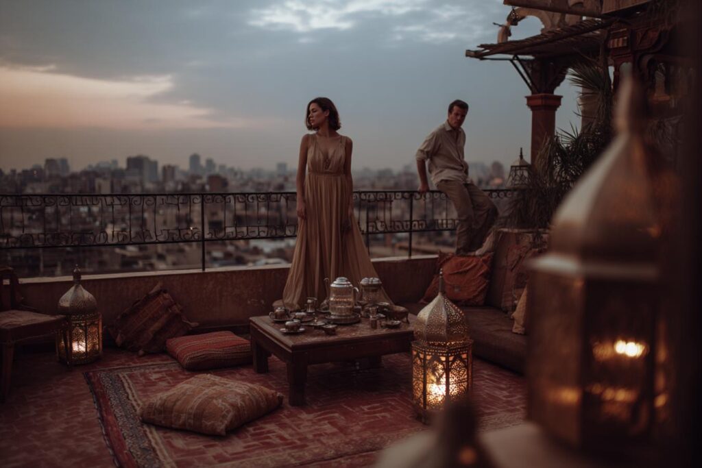 terrasse style oriental avec coussins colores